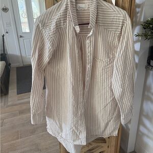 Anthropologie Beige and White Striped Women's Button Down Shirt